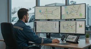 Fleet management system showing productivity metrics and GPS tracking data