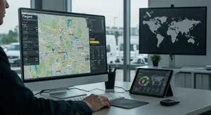 Real-time fleet tracking system showing live vehicle monitoring and alert notifications