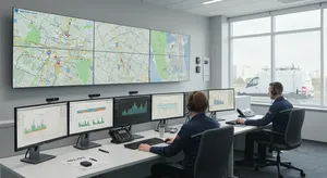 Fleet management dashboard showing GPS tracking and productivity metrics