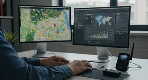 Fleet tracking system showing real-time GPS monitoring of commercial vehicles