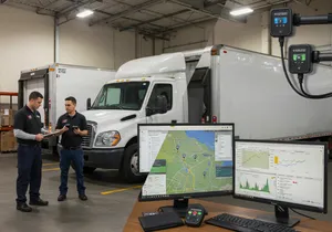 Fleet management system components showing GPS tracking devices and software integration