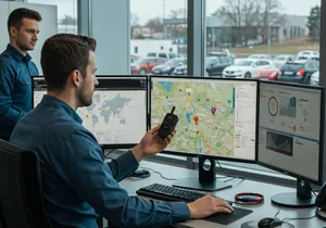 Fleet tracking system dashboard showing vehicle locations and performance metrics