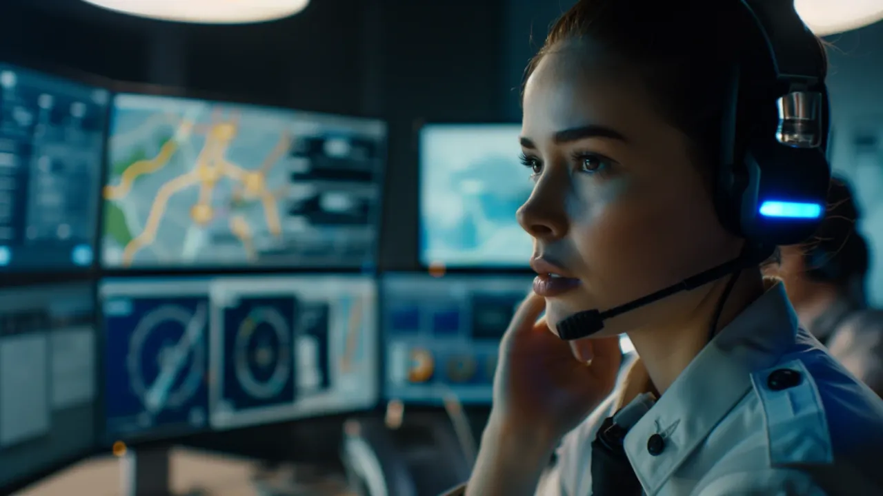 A dispatcher at the police station works with mobile officers to route them to an emergency situation