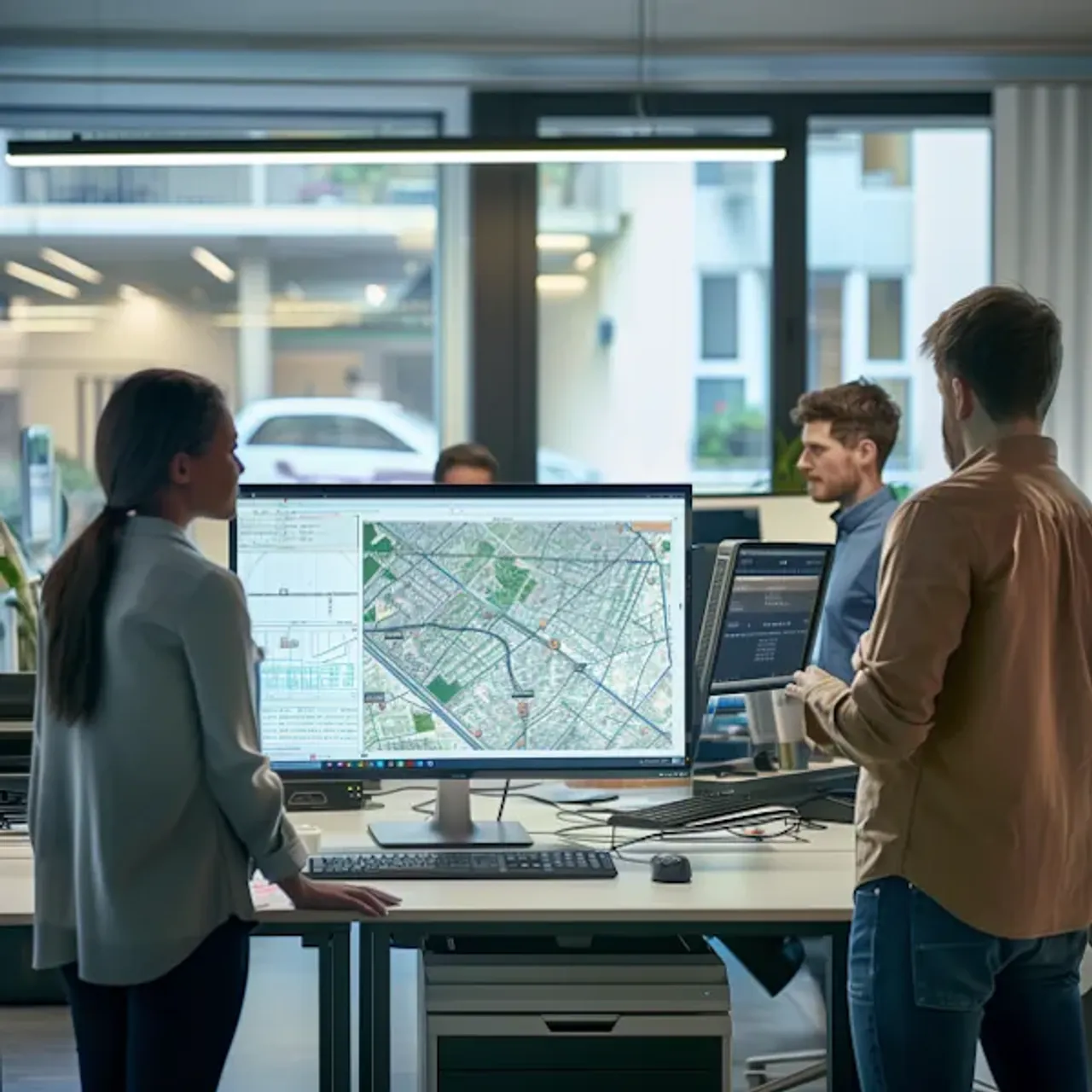 managers watching a monitor with map of GPS Locations of garbage trucks